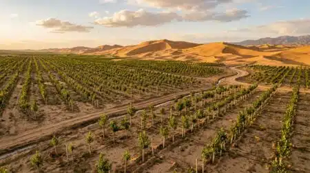 Rangées d'arbres plantés en bordure de désert chinois