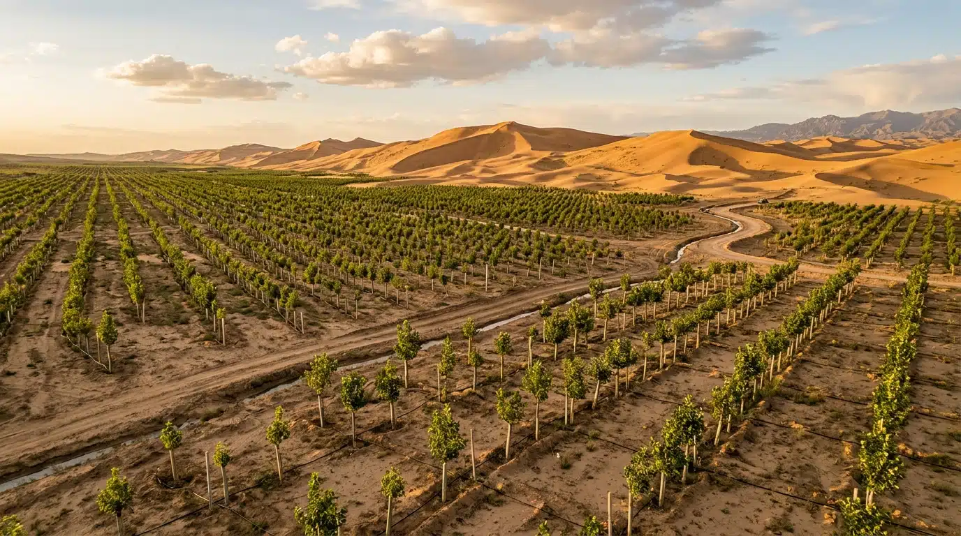 Rangées d'arbres plantés en bordure de désert chinois