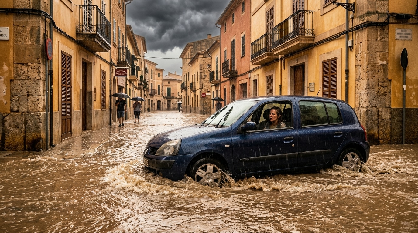 Rue inondée avec voiture submergée sous la pluie