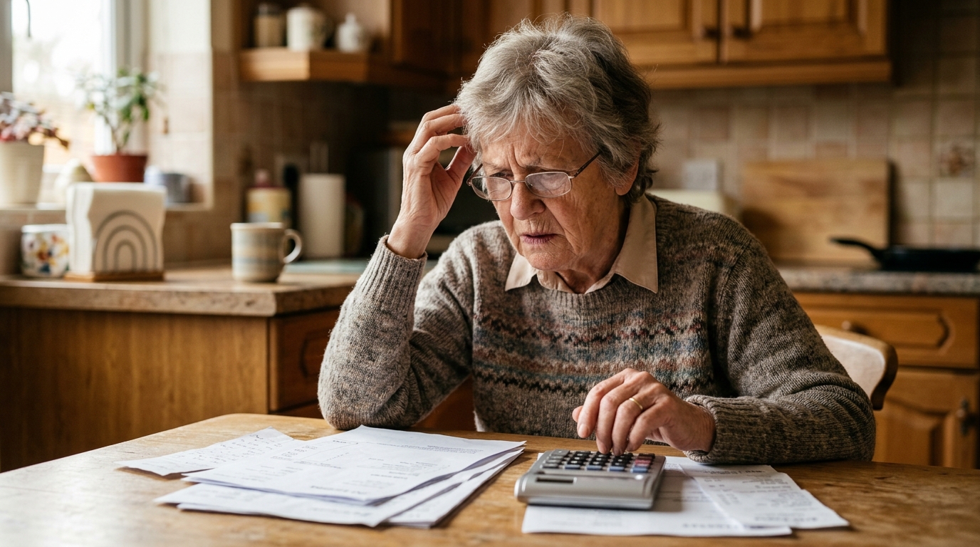 Retraitée perplexe devant une calculatrice et des papiers