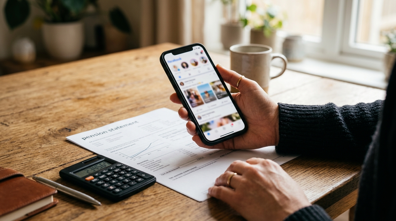 Smartphone, calculatrice et relevé de pension sur une table