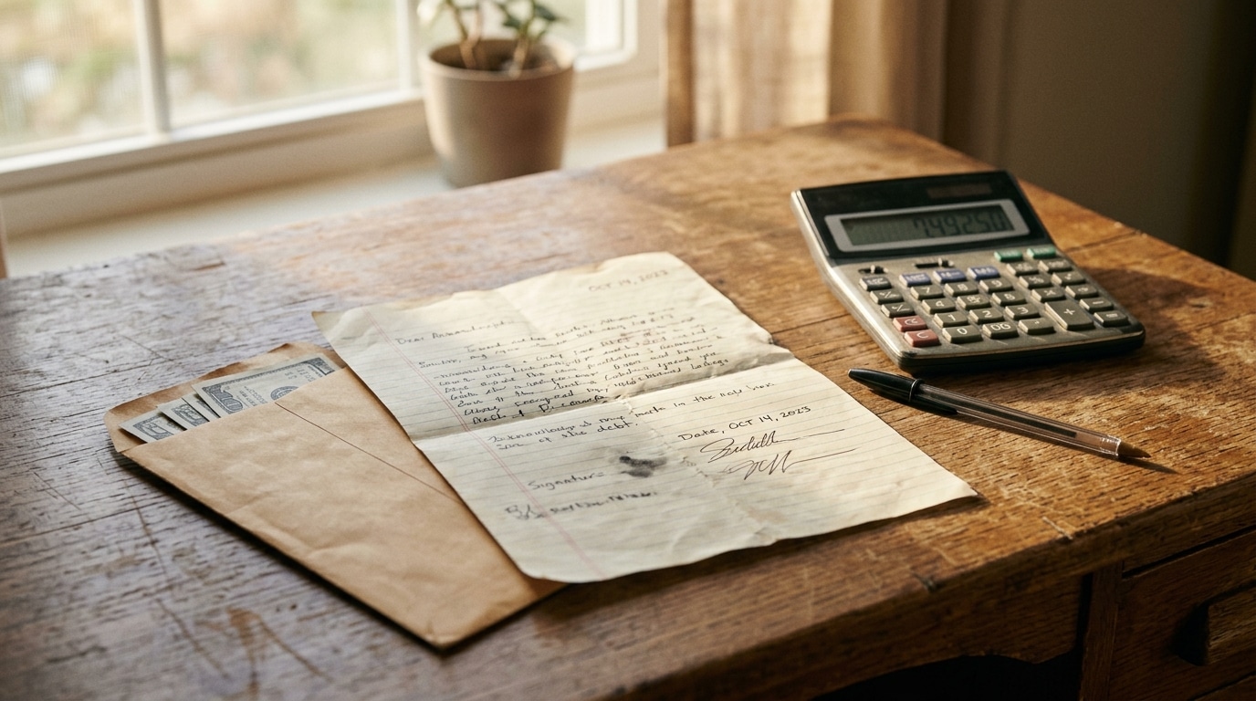 Document manuscrit et enveloppe d'argent sur un bureau
