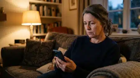Personne assise sur canapé le soir, air préoccupé