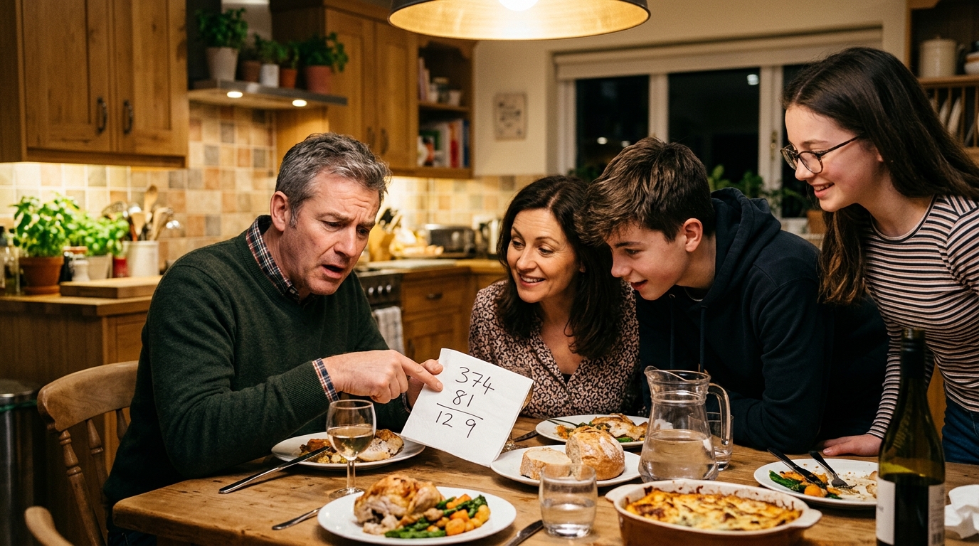 Famille discutant autour d'un calcul mathématique au dîner