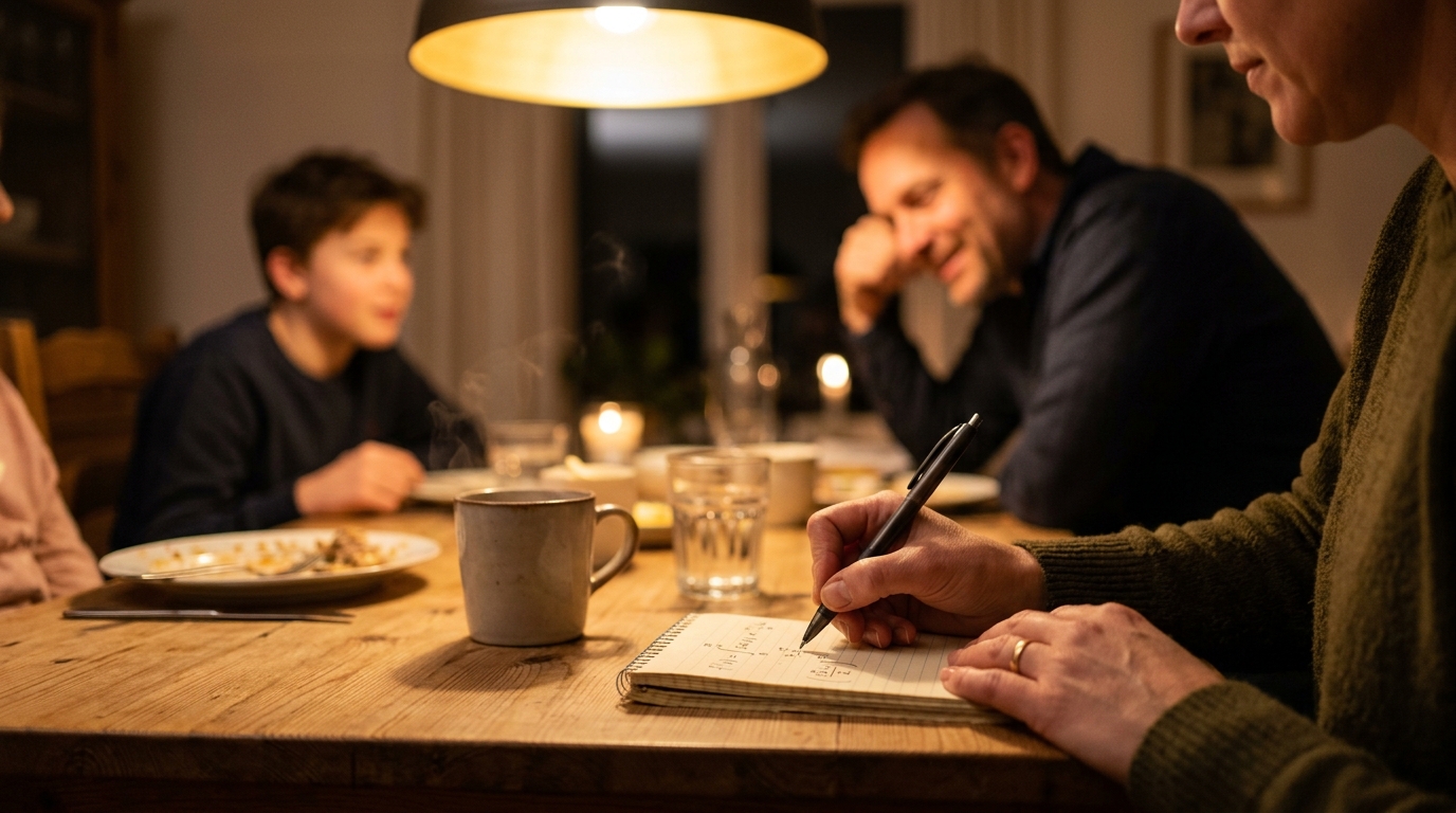 Main écrivant un calcul sur un carnet à table