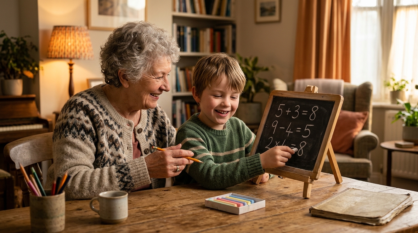 Grand-mère et enfant souriant devant un tableau de calcul