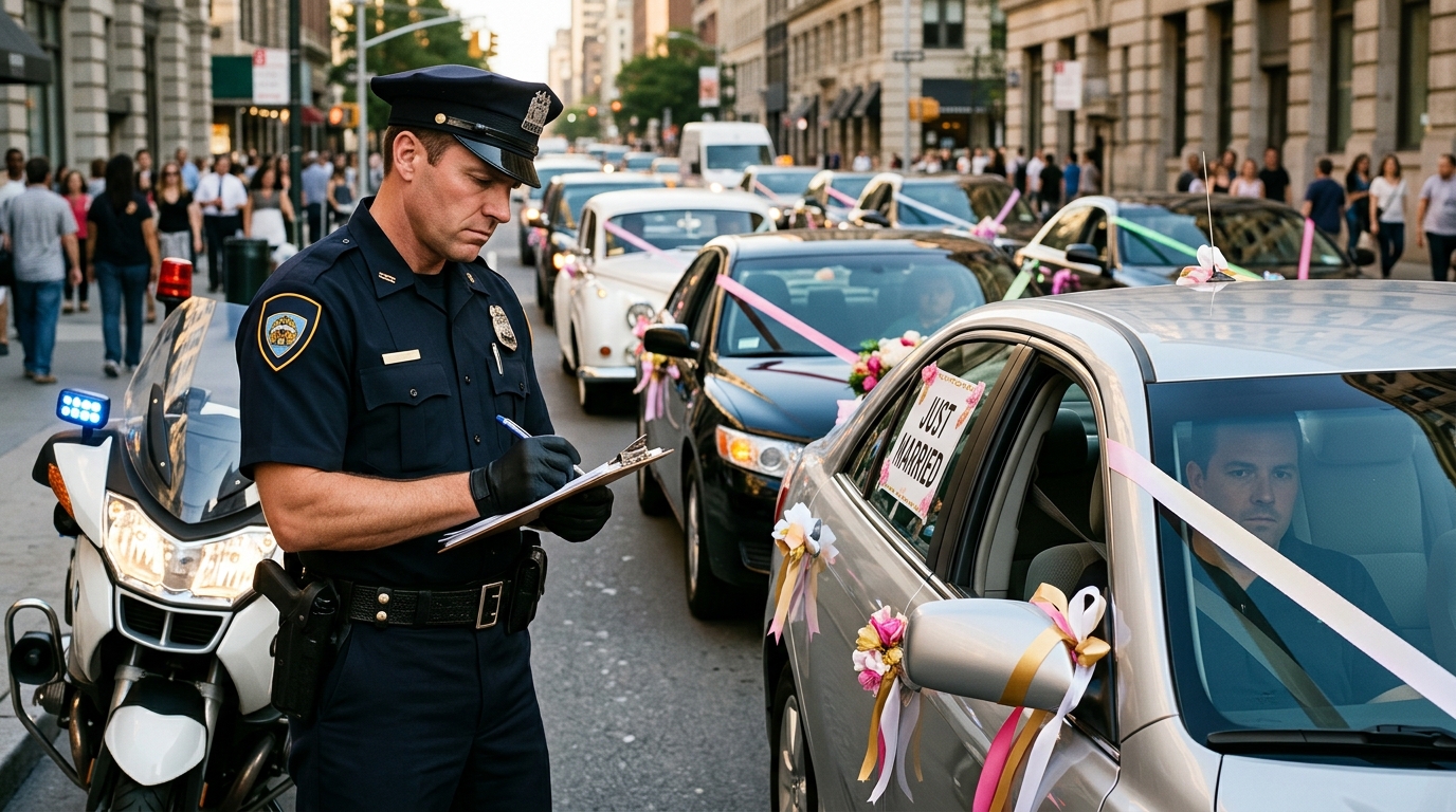 Policier verbalisant un cortège de voitures de mariage