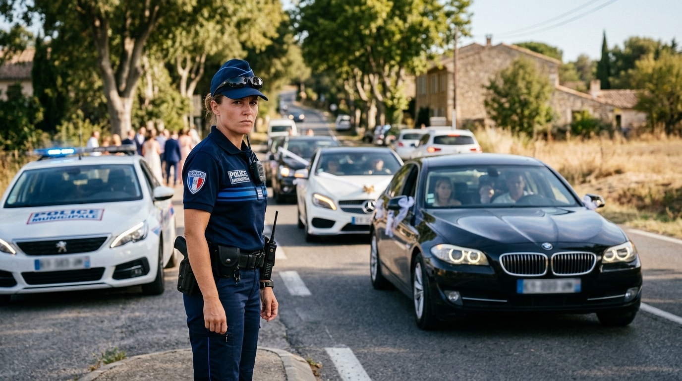 Policier municipal contrôlant un cortège de voitures klaxonnant