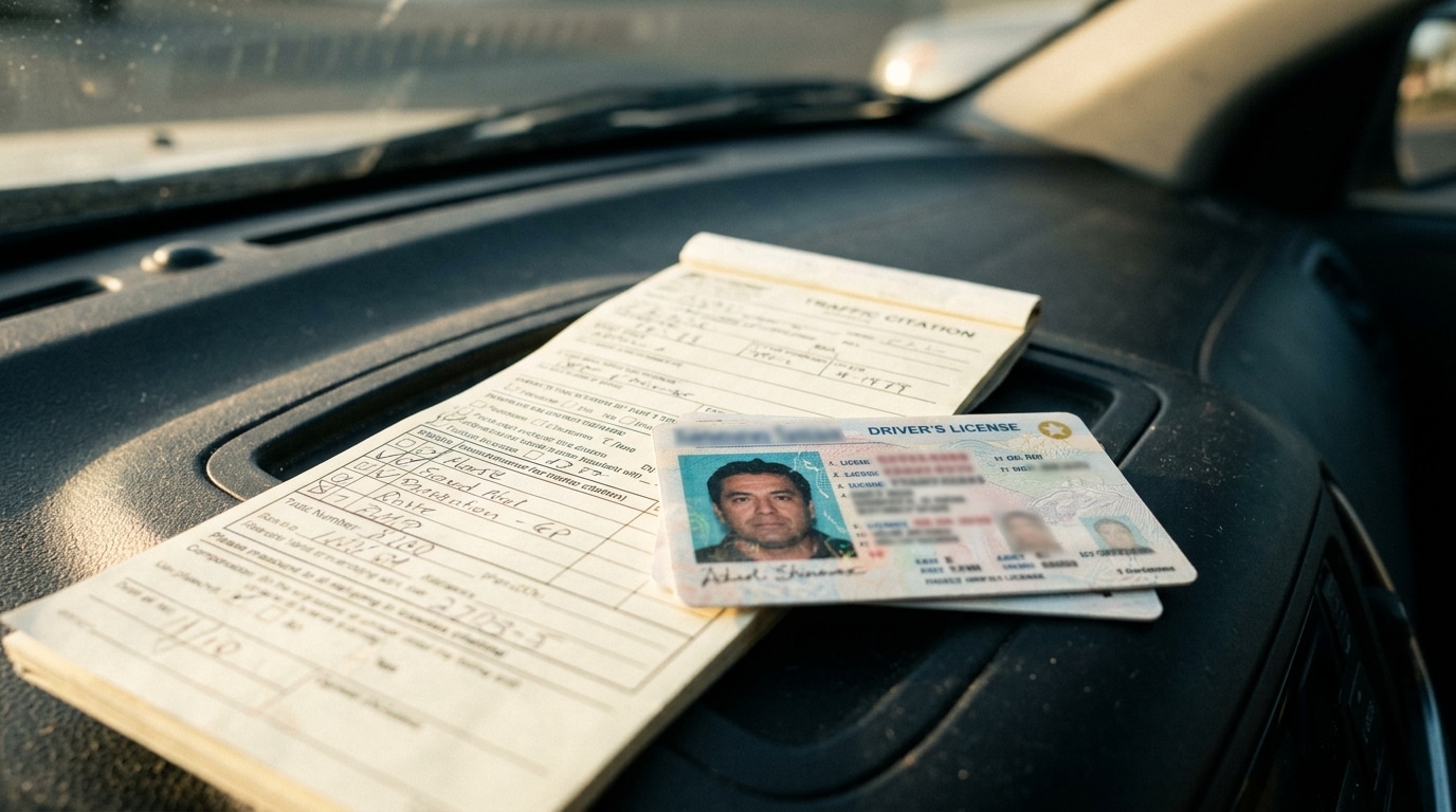 Carnet de contraventions et permis de conduire sur tableau de bord