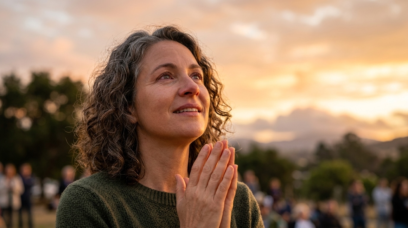 Personne souriante regardant un ciel doré étoilé