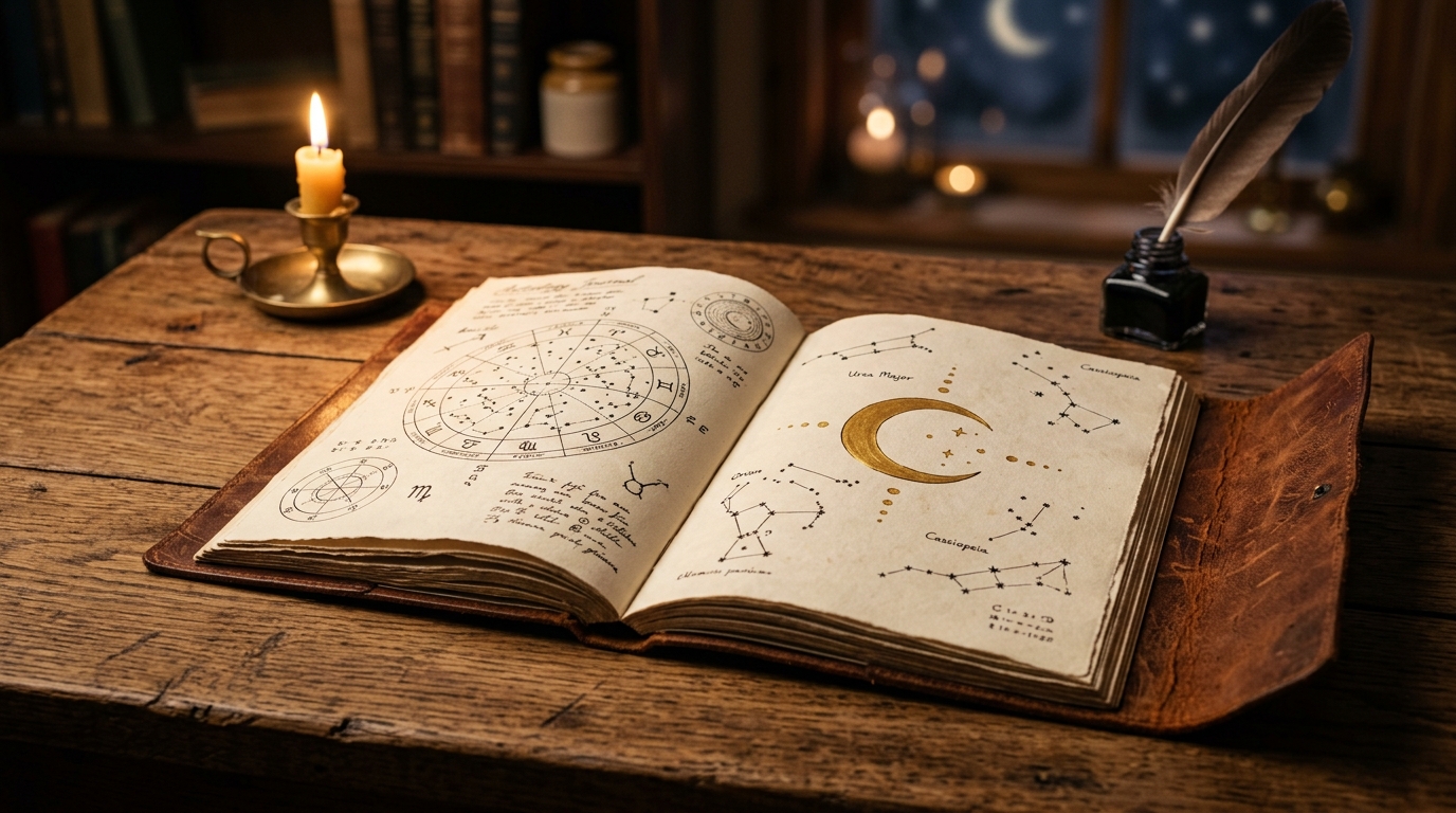 Carnet d'astrologie ouvert éclairé à la bougie