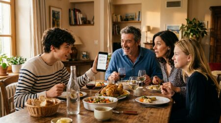 Famille autour d'une table résolvant un calcul viral