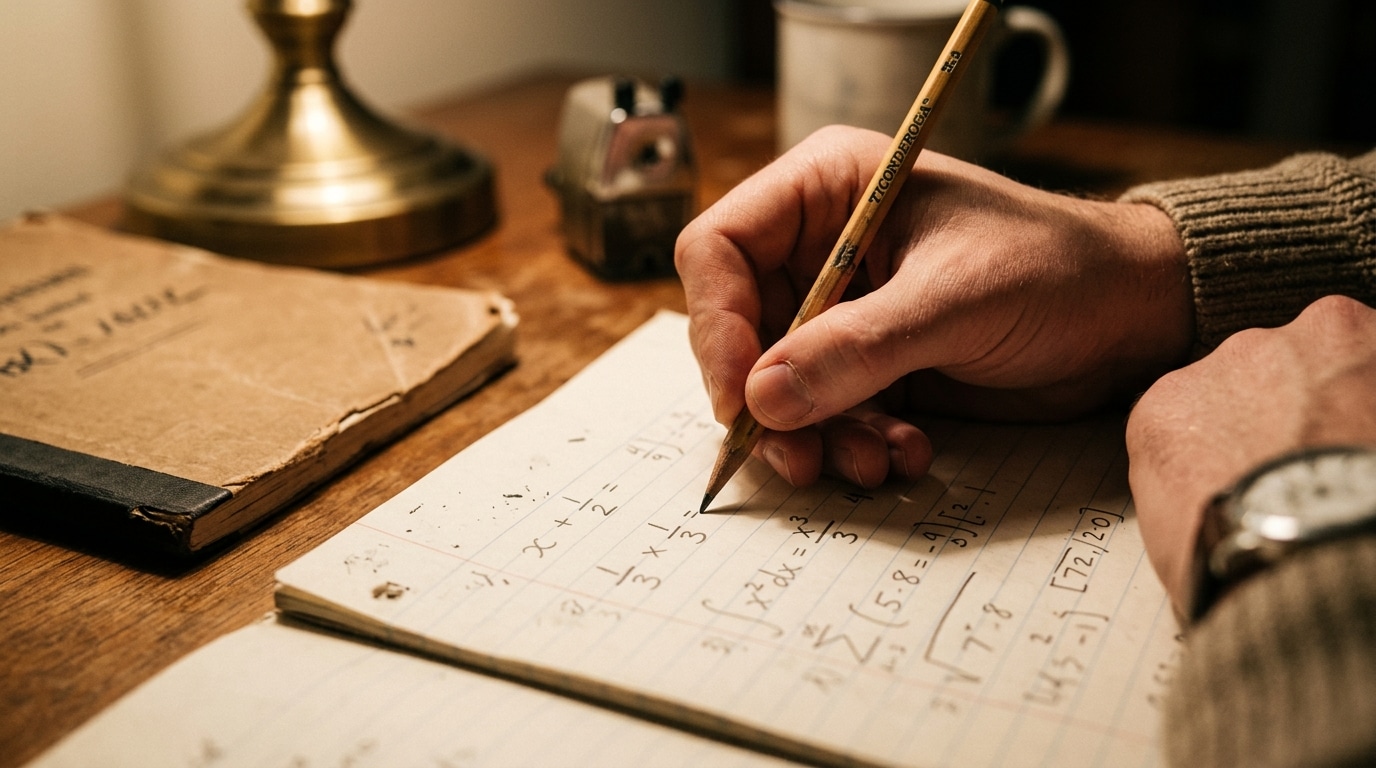 Main écrivant le calcul avec fraction sur un cahier