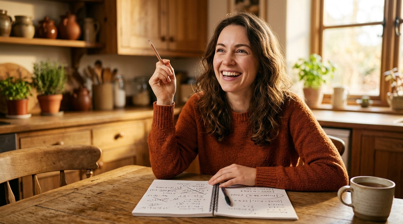 Femme souriante ayant trouvé la solution du calcul