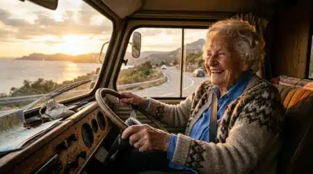 Centenaire française souriante au volant de son camping-car