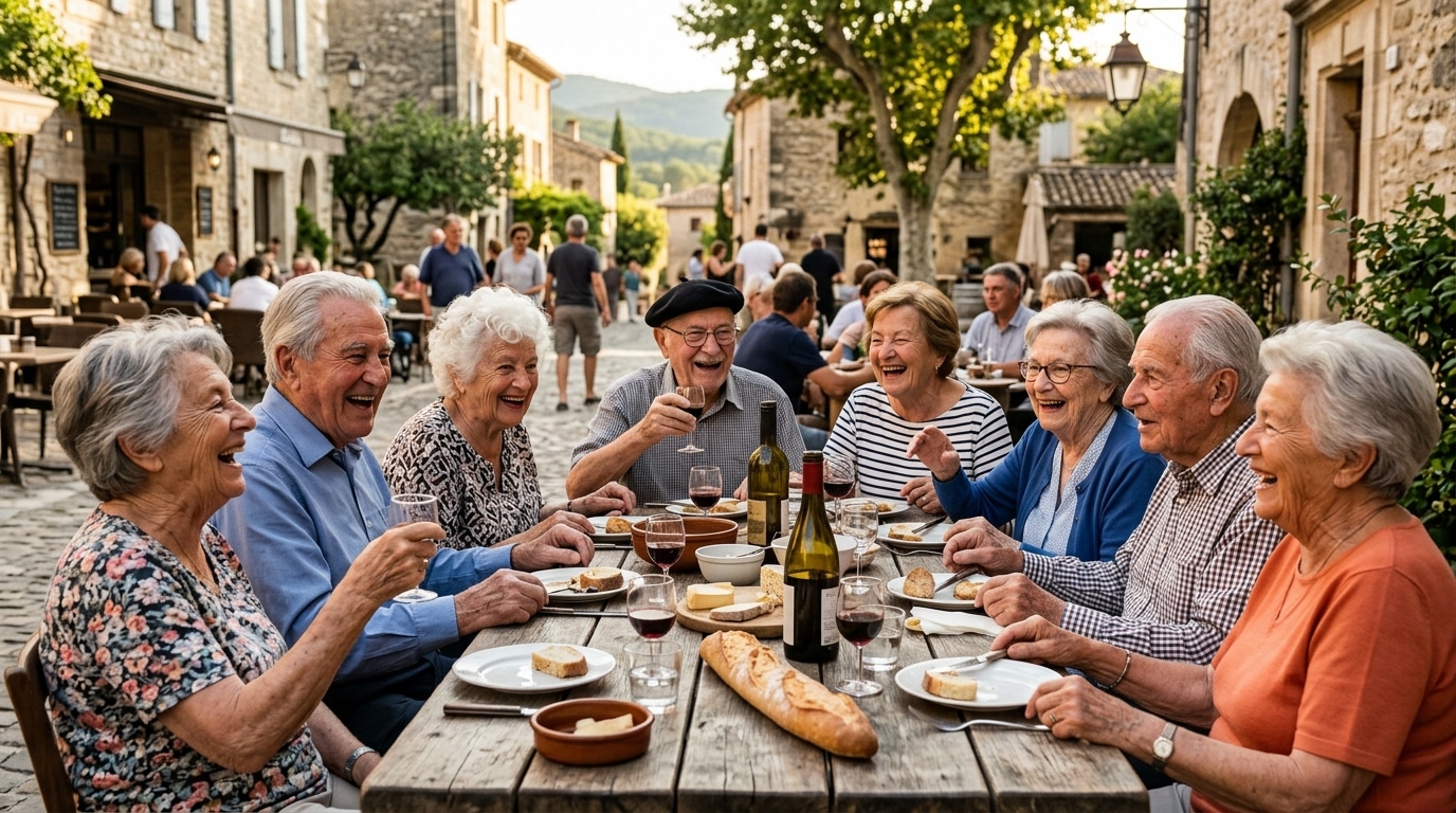 Groupe de seniors français partageant un repas convivial