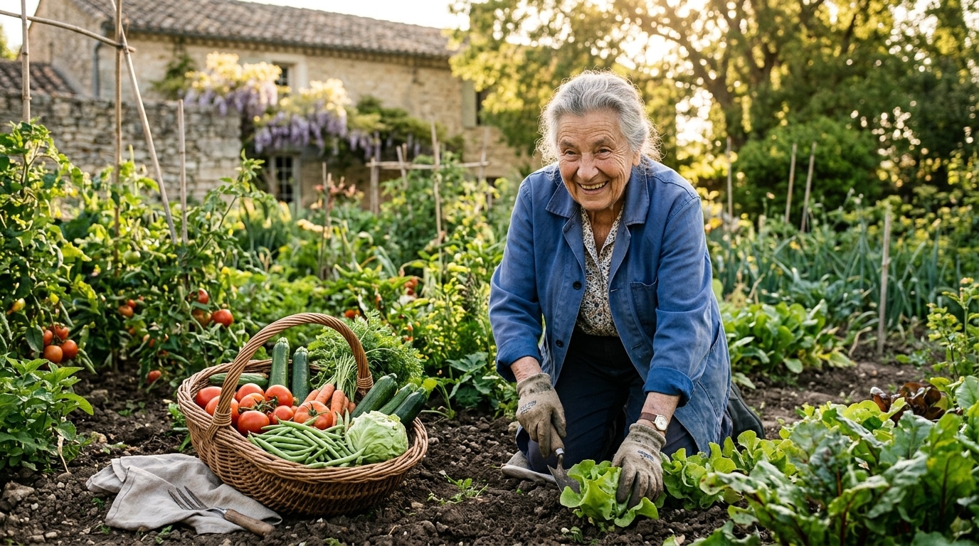 Centenaire française active jardinant sous le soleil