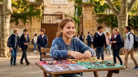 Adolescente vendant des bijoux faits main devant son école