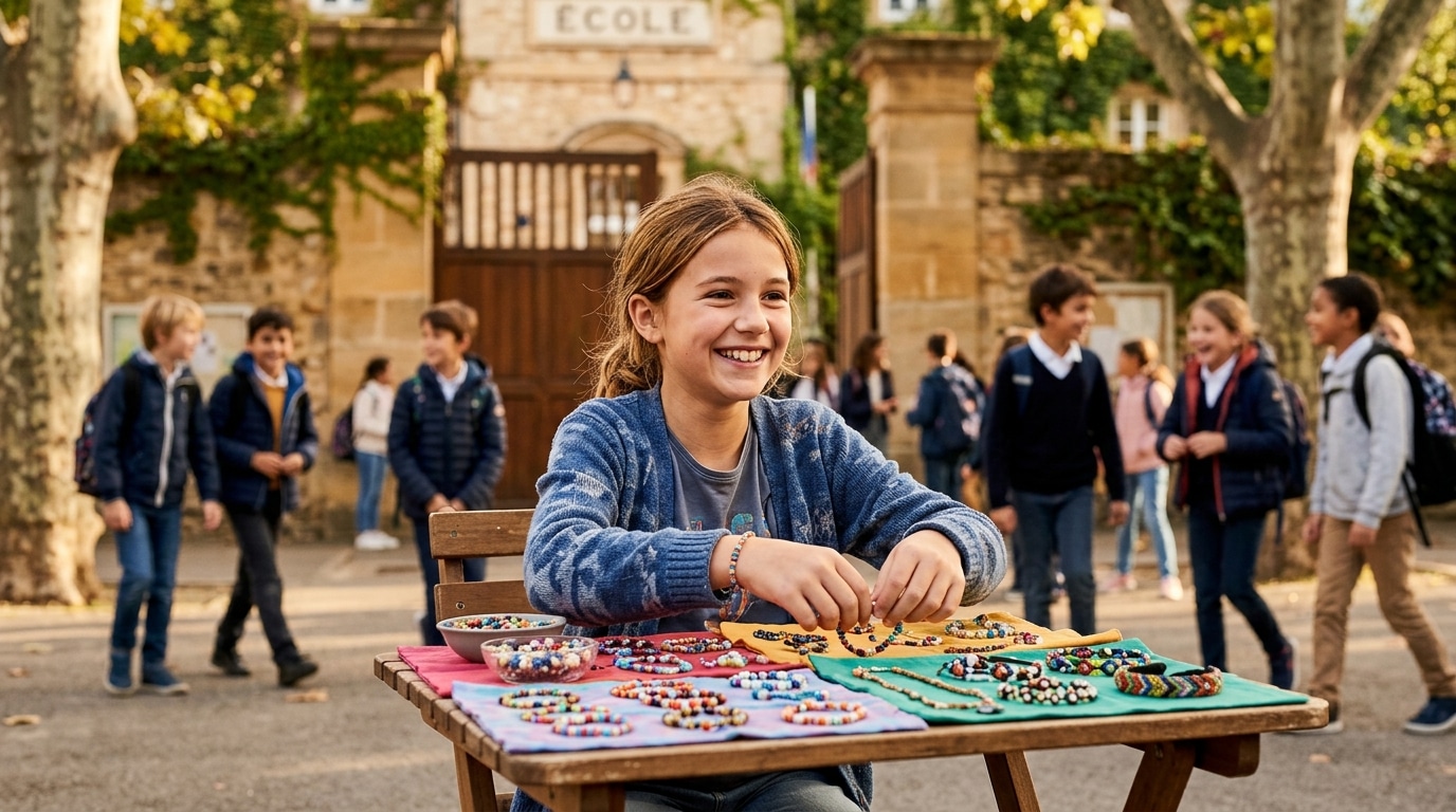 Adolescente vendant des bijoux faits main devant son école