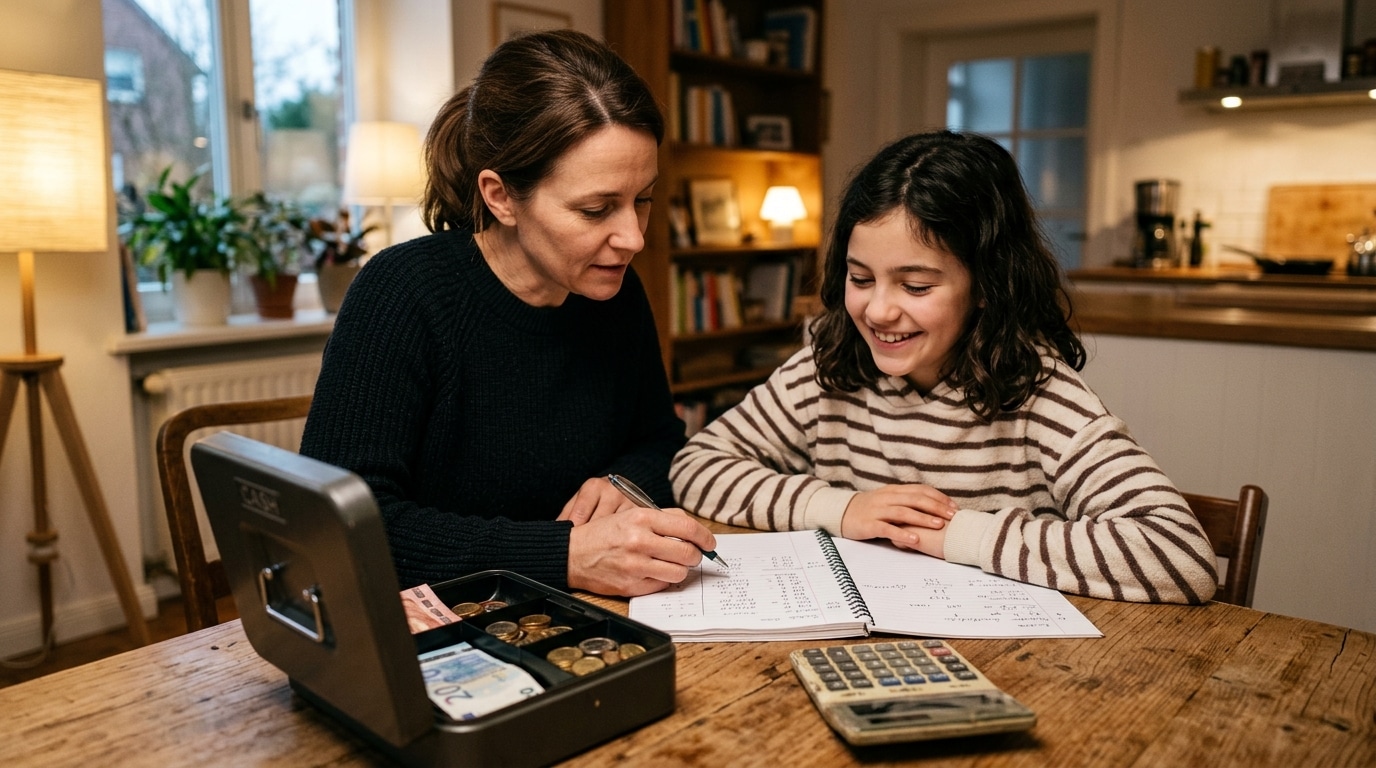 Parent et fille comptant les gains d'une vente d'objets faits main