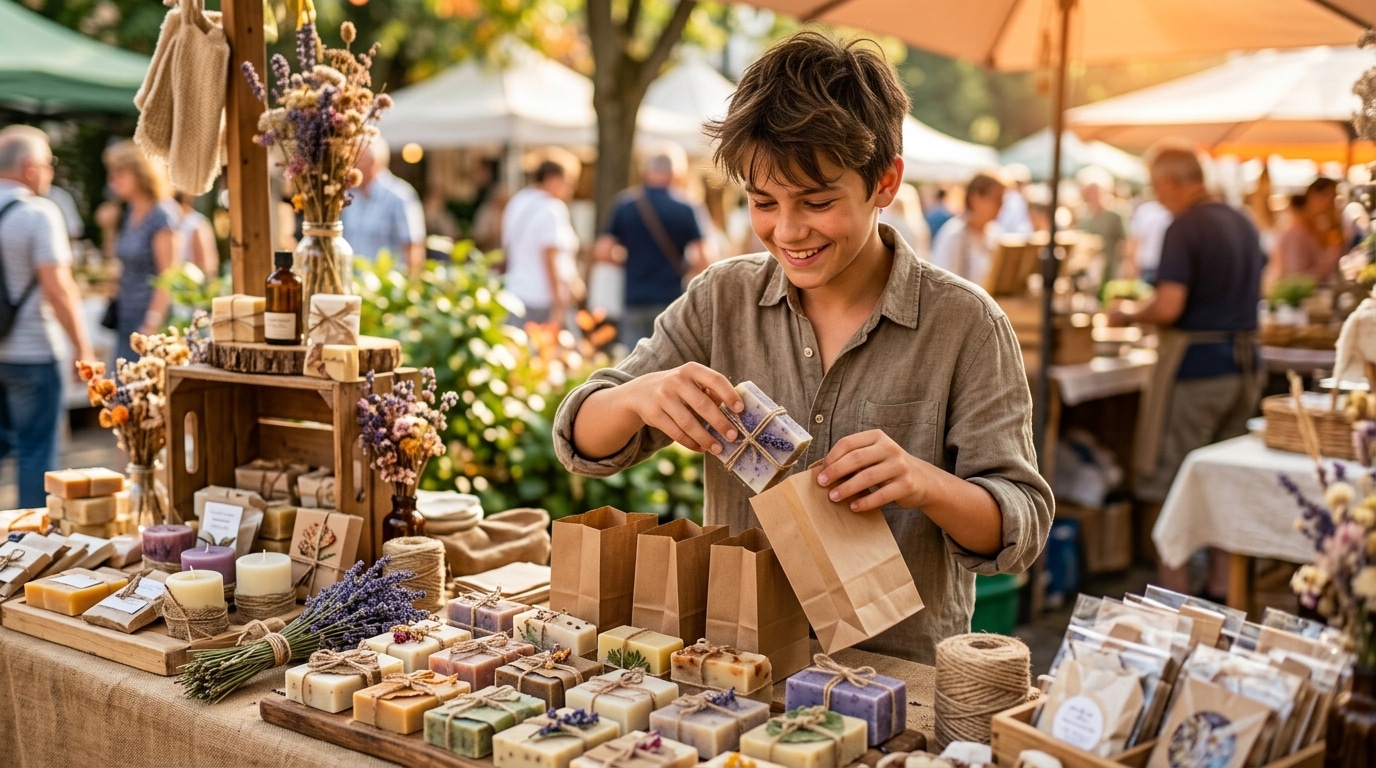 Adolescent emballant ses créations artisanales sur un stand de marché