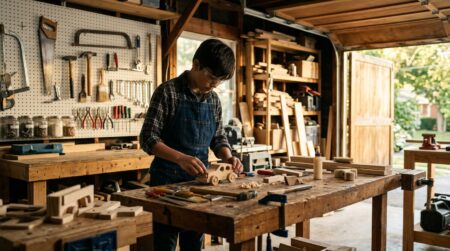 Adolescent fabriquant des objets artisanaux dans son garage