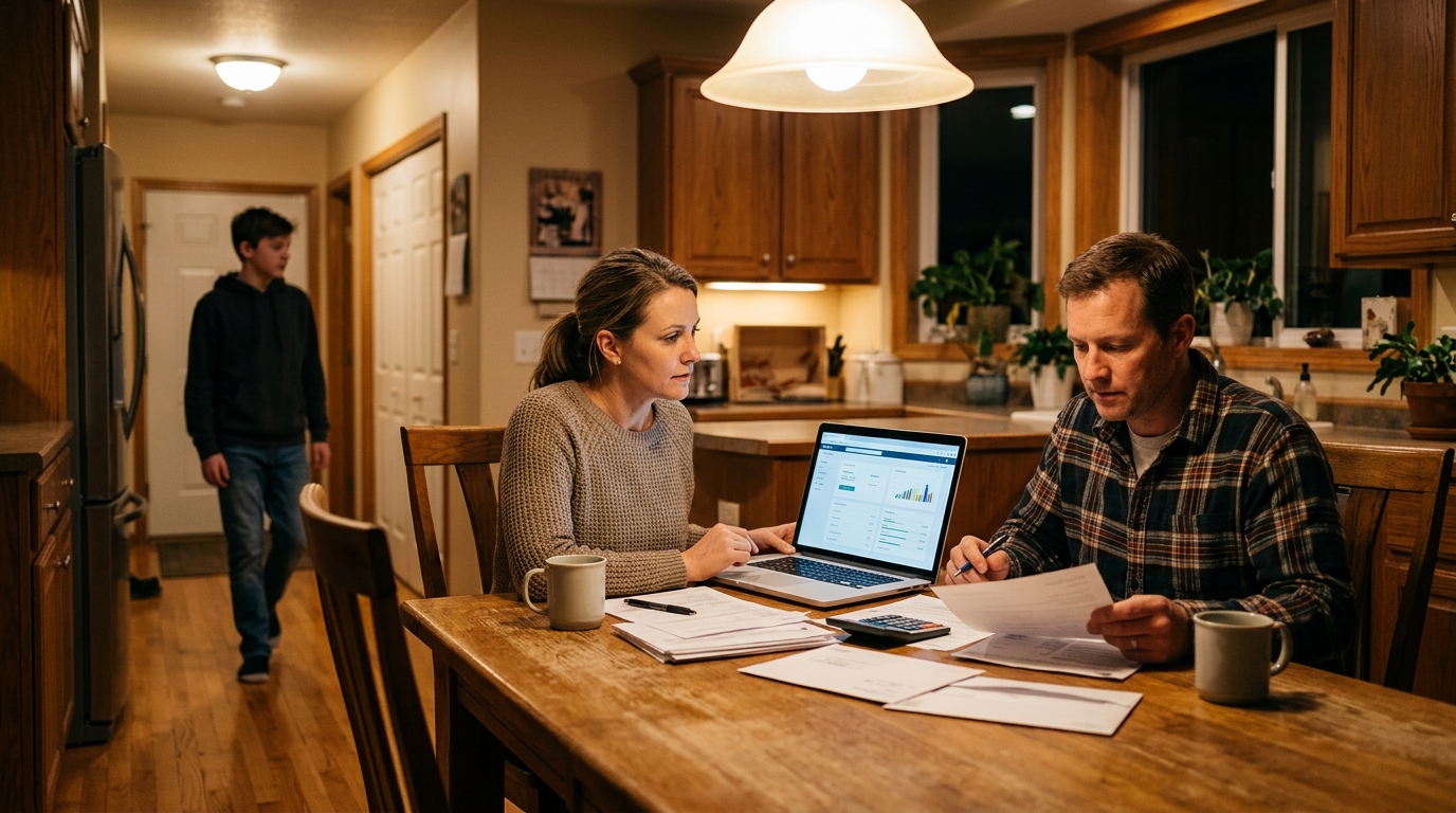 Parents examinant les comptes de leur fils entrepreneur
