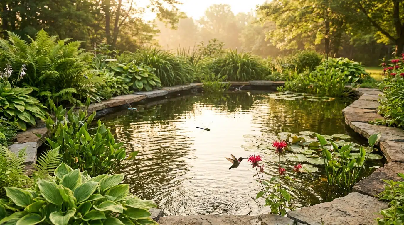 Petit étang de jardin entouré de plantes aquatiques verdoyantes