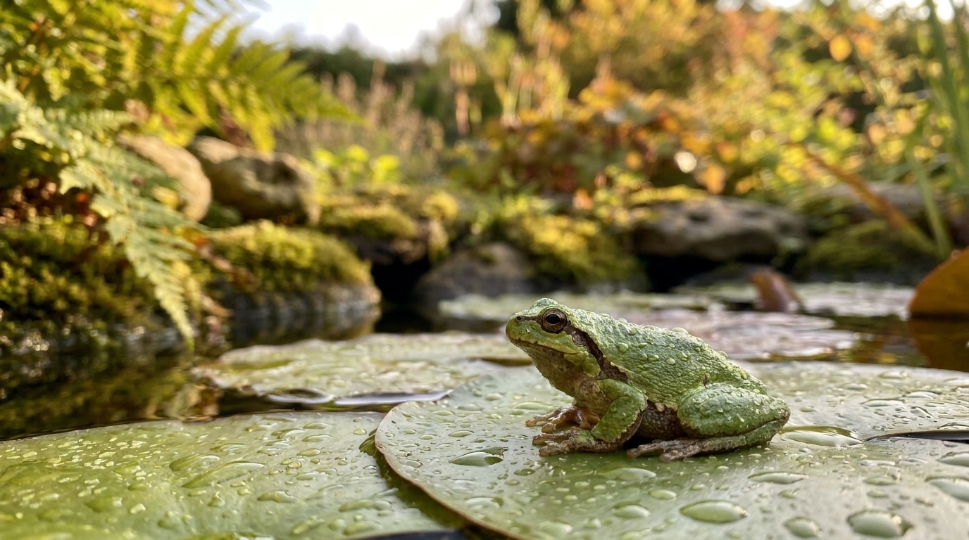 Grenouille verte posée sur une feuille près de l'eau