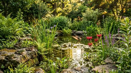 Petite mare de jardin entourée de plantes aquatiques