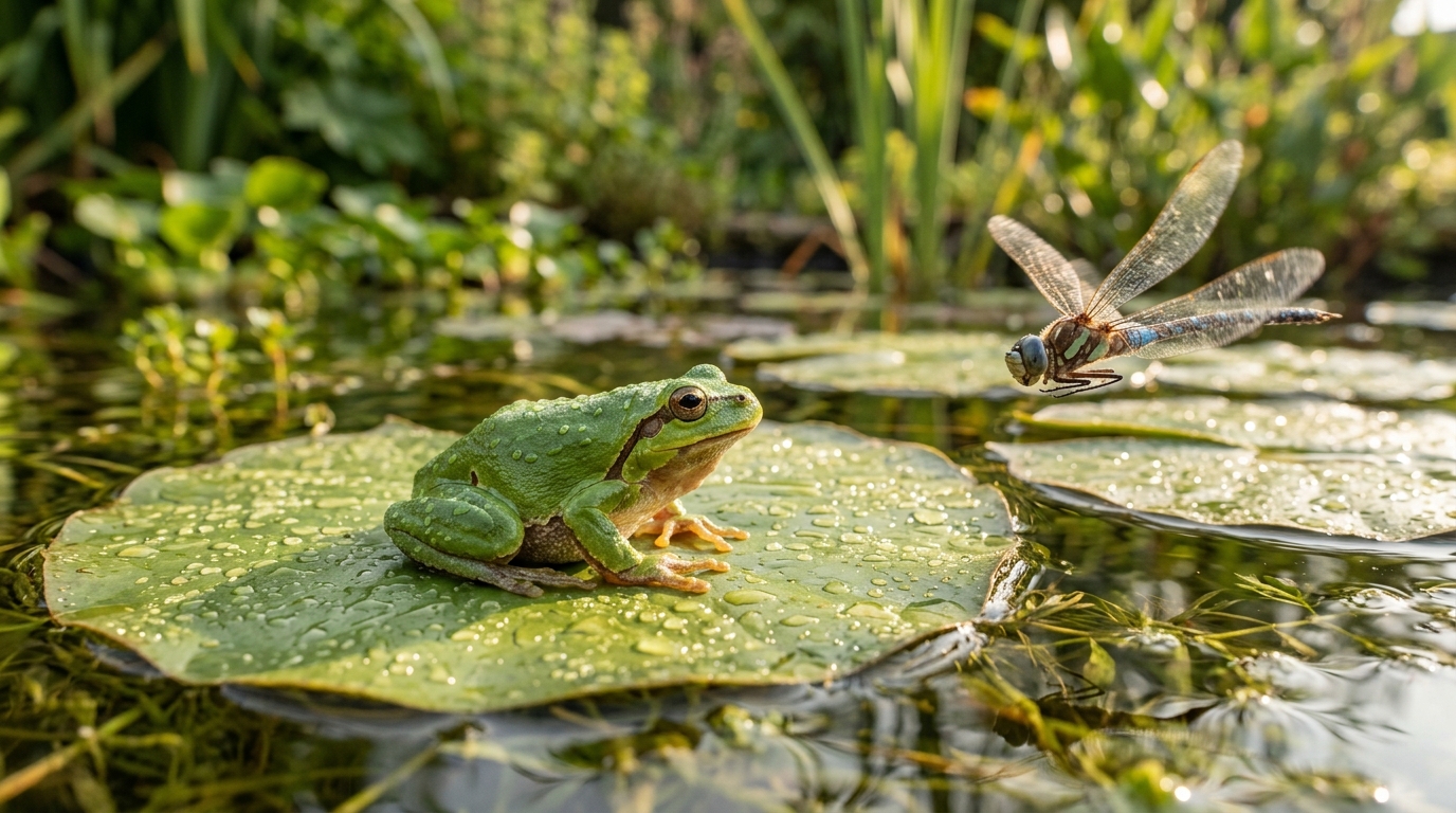 Grenouille verte posée sur un nénuphar au bord de l'eau