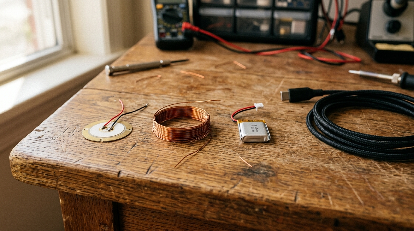 Composants piézoélectriques et batterie posés sur un établi