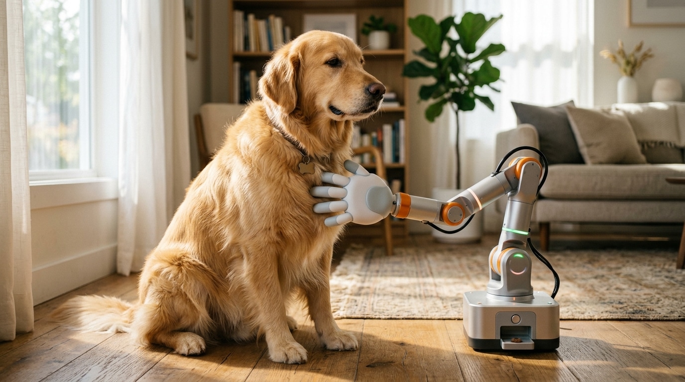 Bras robotique grattant le dos d'un chien doré