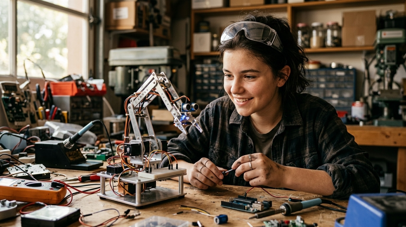 Jeune inventrice souriante face à un prototype robotique