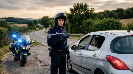 Gendarme contrôle la vitesse d'une voiture sur route de campagne