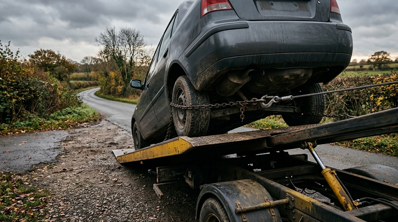 Voiture chargée sur une dépanneuse au bord de la route