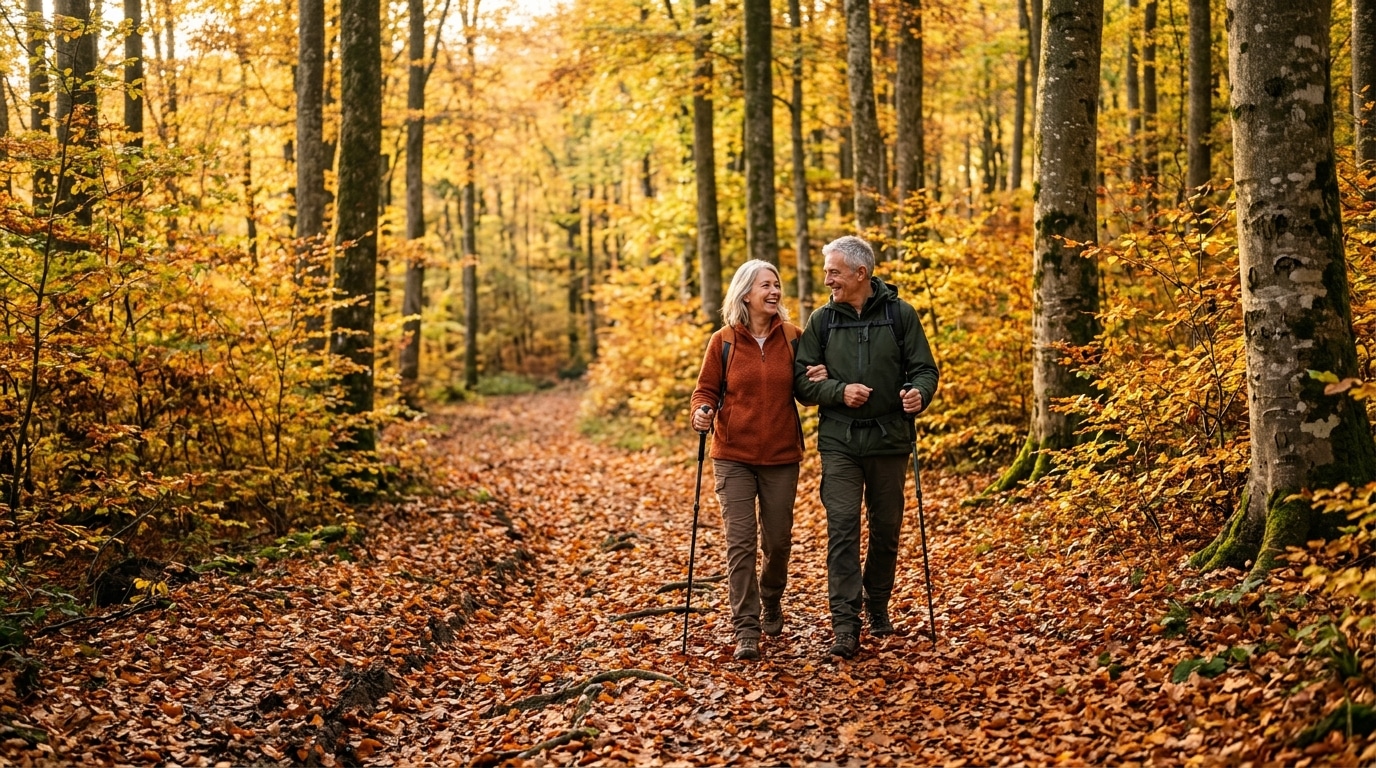 Couple randonnant sur un sentier d'automne coloré