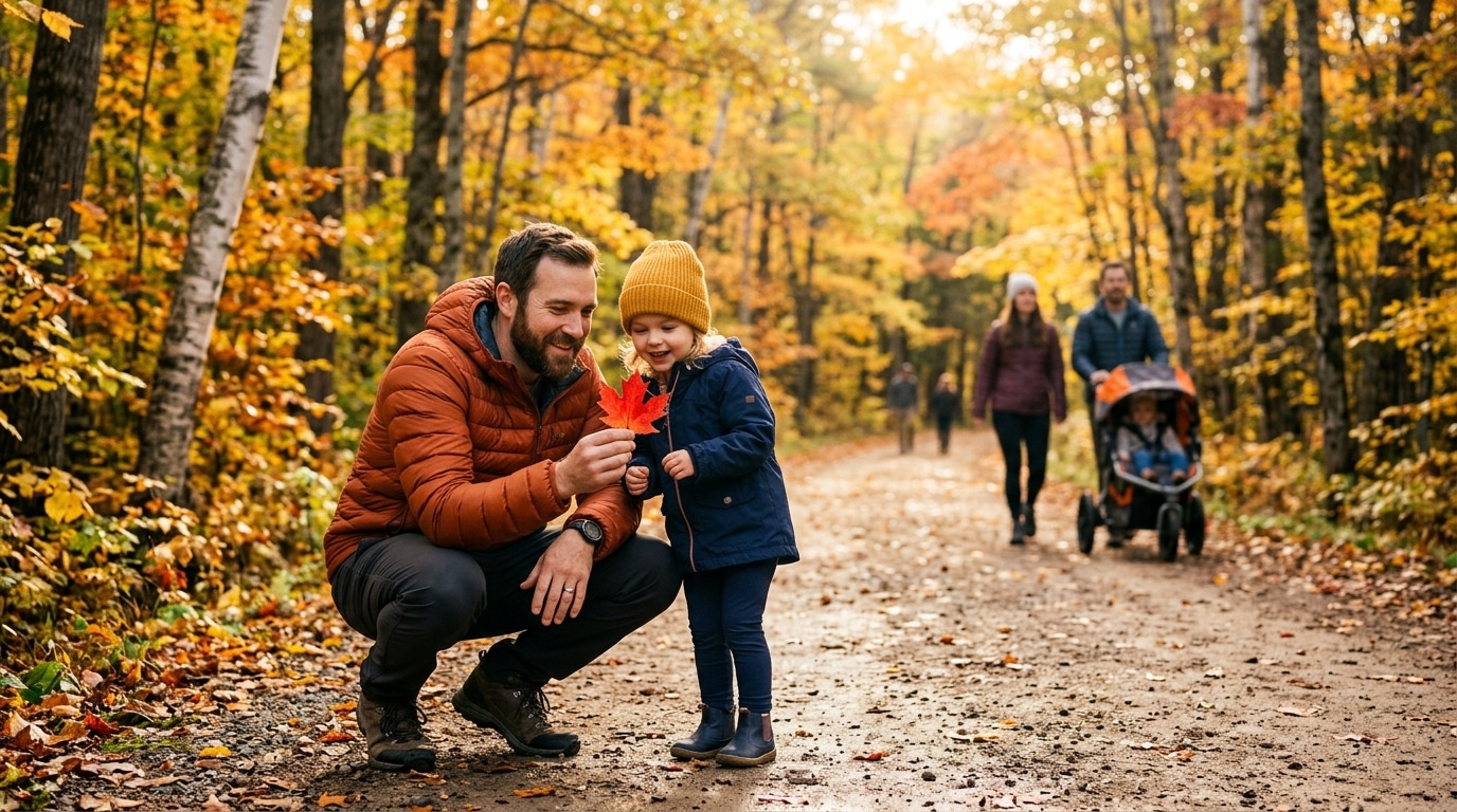 Père et fille observant les feuilles rousses en forêt