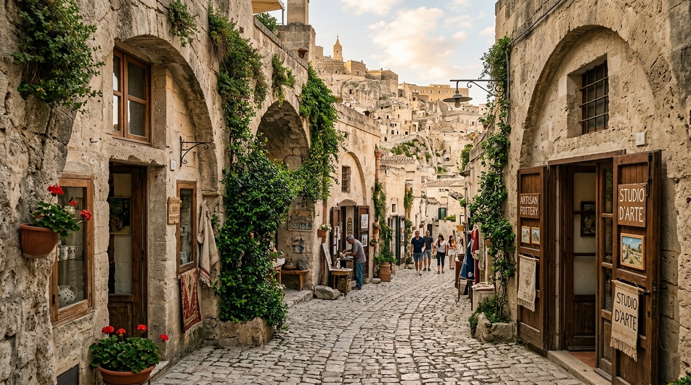 Ruelle en pierre avec grottes transformées en ateliers