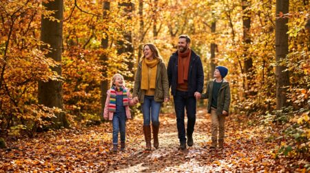 Famille marchant dans une forêt aux couleurs d'automne dorées
