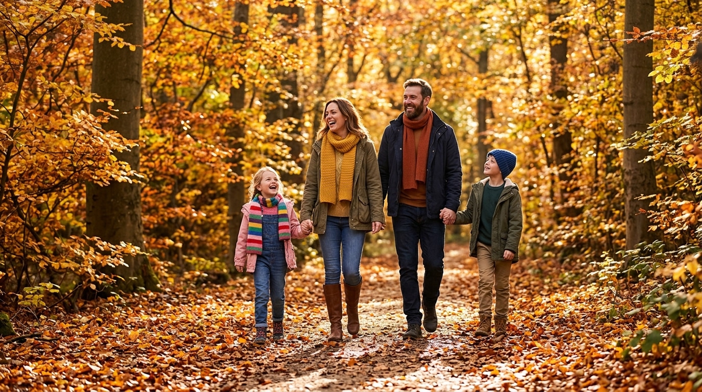 Famille marchant dans une forêt aux couleurs d'automne dorées