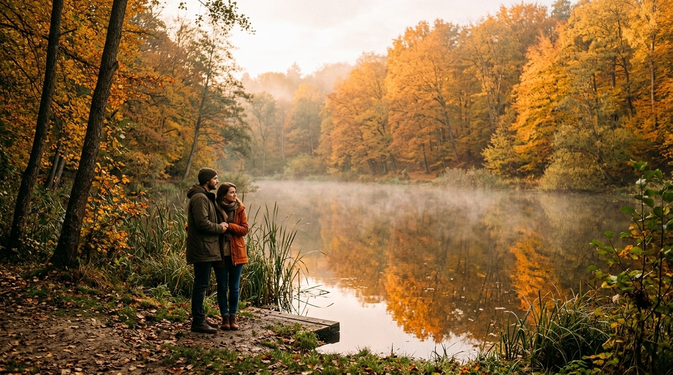 Étang forestier reflétant les arbres dorés à l'automne