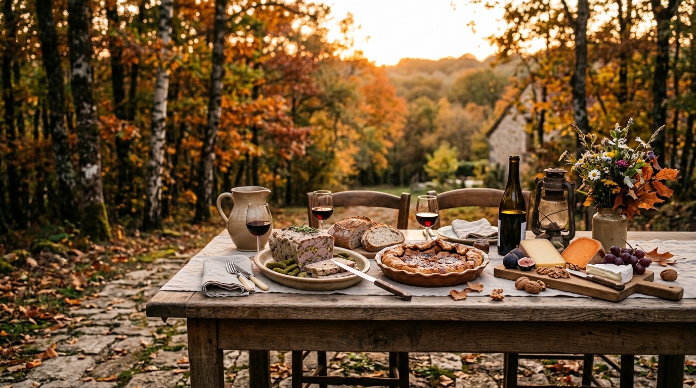 Table de ferme avec spécialités locales après la randonnée