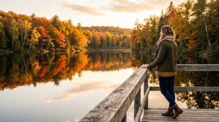 Femme sur un ponton en bois devant un lac aux couleurs d'automne