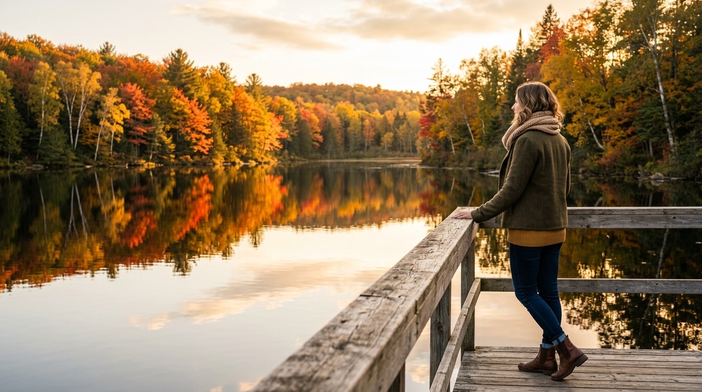 Femme sur un ponton en bois devant un lac aux couleurs d'automne