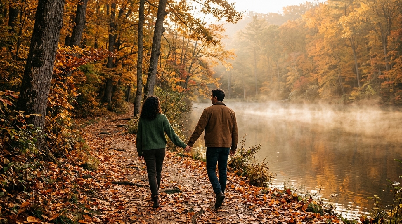 Couple marchant sur un sentier forestier bordé de feuilles d'automne