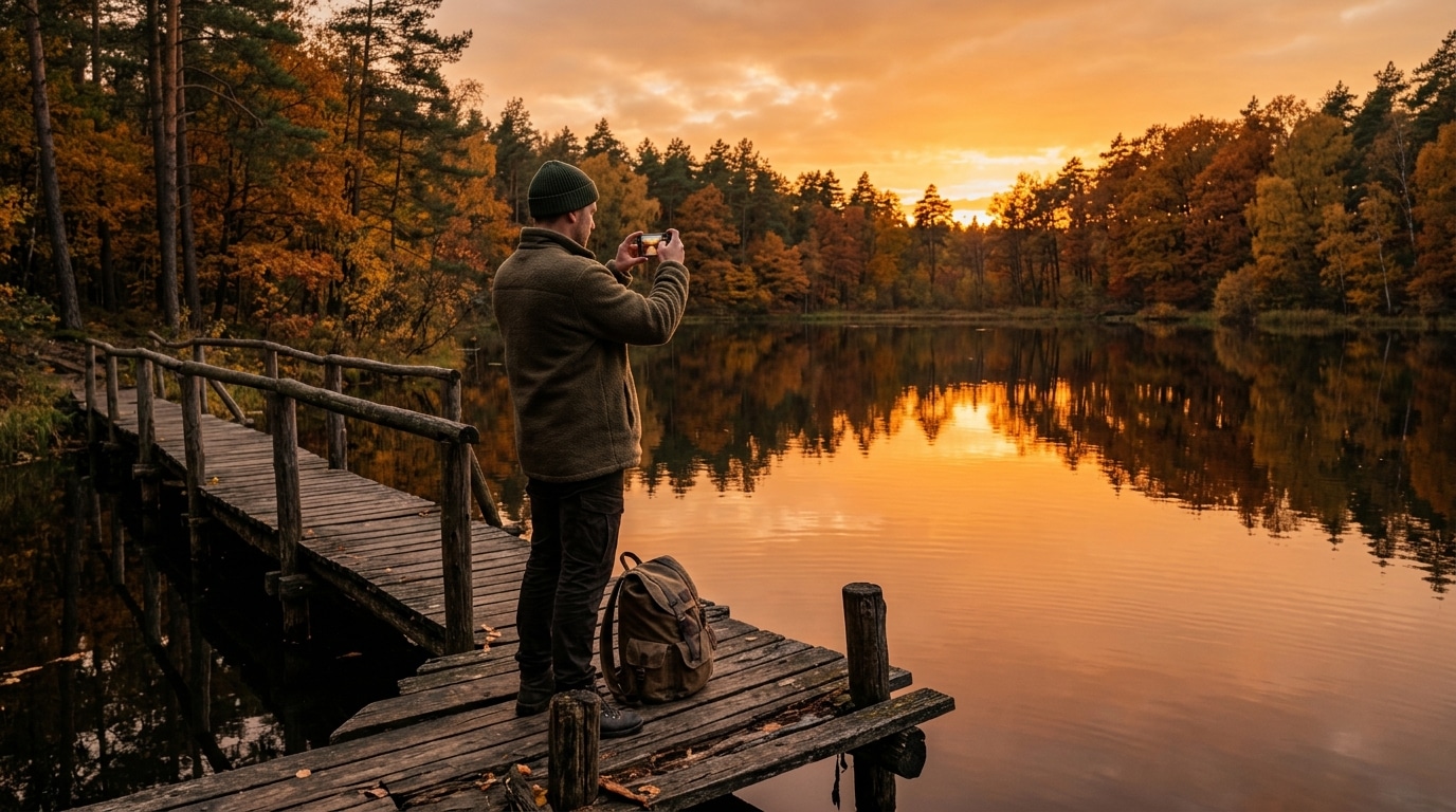 Homme photographiant le reflet des arbres d'automne dans un lac