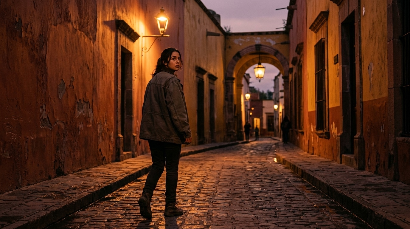 Rue mexicaine sombre près d'un centre culturel le soir