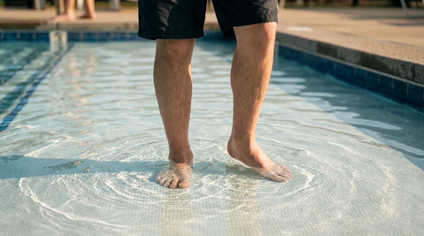 Pieds immergés dans l'eau peu profonde d'une piscine