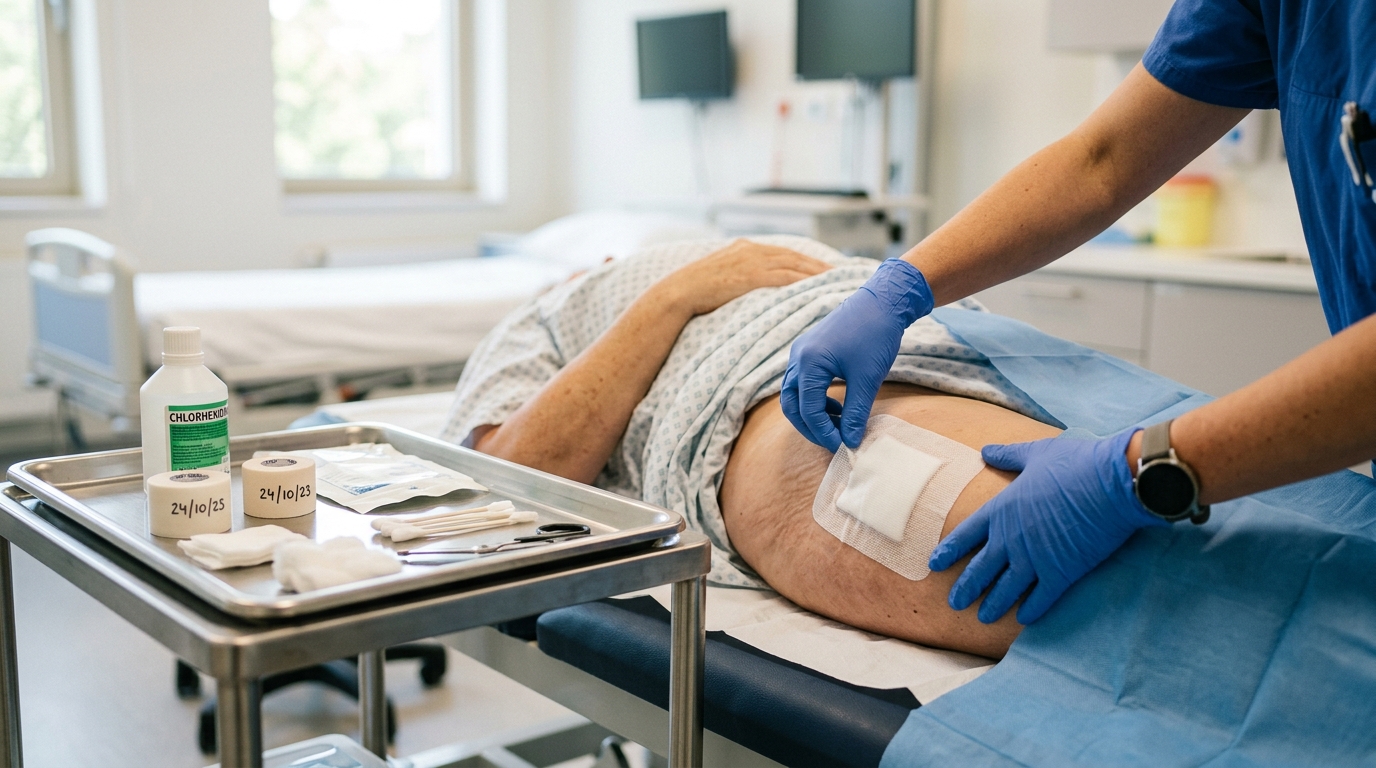 Mains gantées d'un soignant examinant un pansement médical
